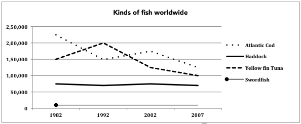 This bar graph shows the amount of fish and the type of fish caught in